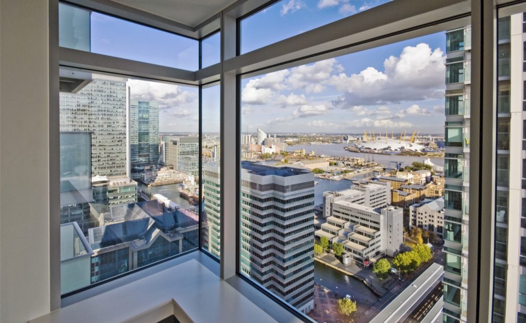 view over Canary Wharf from high rise apartment